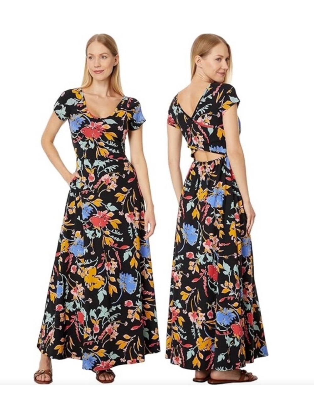 Pact Fit & Flare Crossback Maxi Dress in the floral "Nightfall Blooms" print